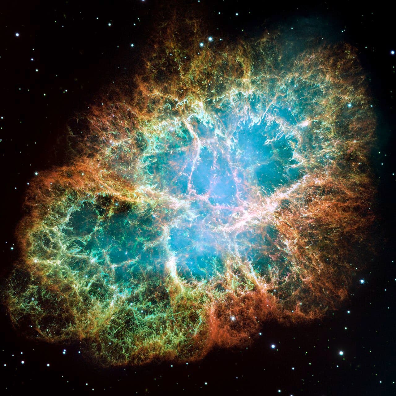 The Crab Nebula: the remnant of a Type II supernova observed by Chinese and Arab astronomers in 1054 CE. The expanding cloud is enriched in elements forged in the dying star.