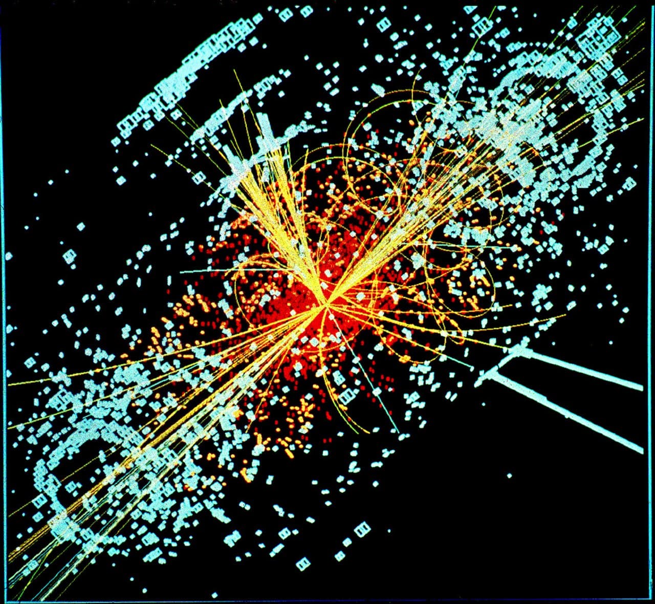 A reconstructed Higgs boson candidate event from the CMS detector at the LHC. The two photons of a Higgs decay are visible as towers of energy deposited in the calorimeter.