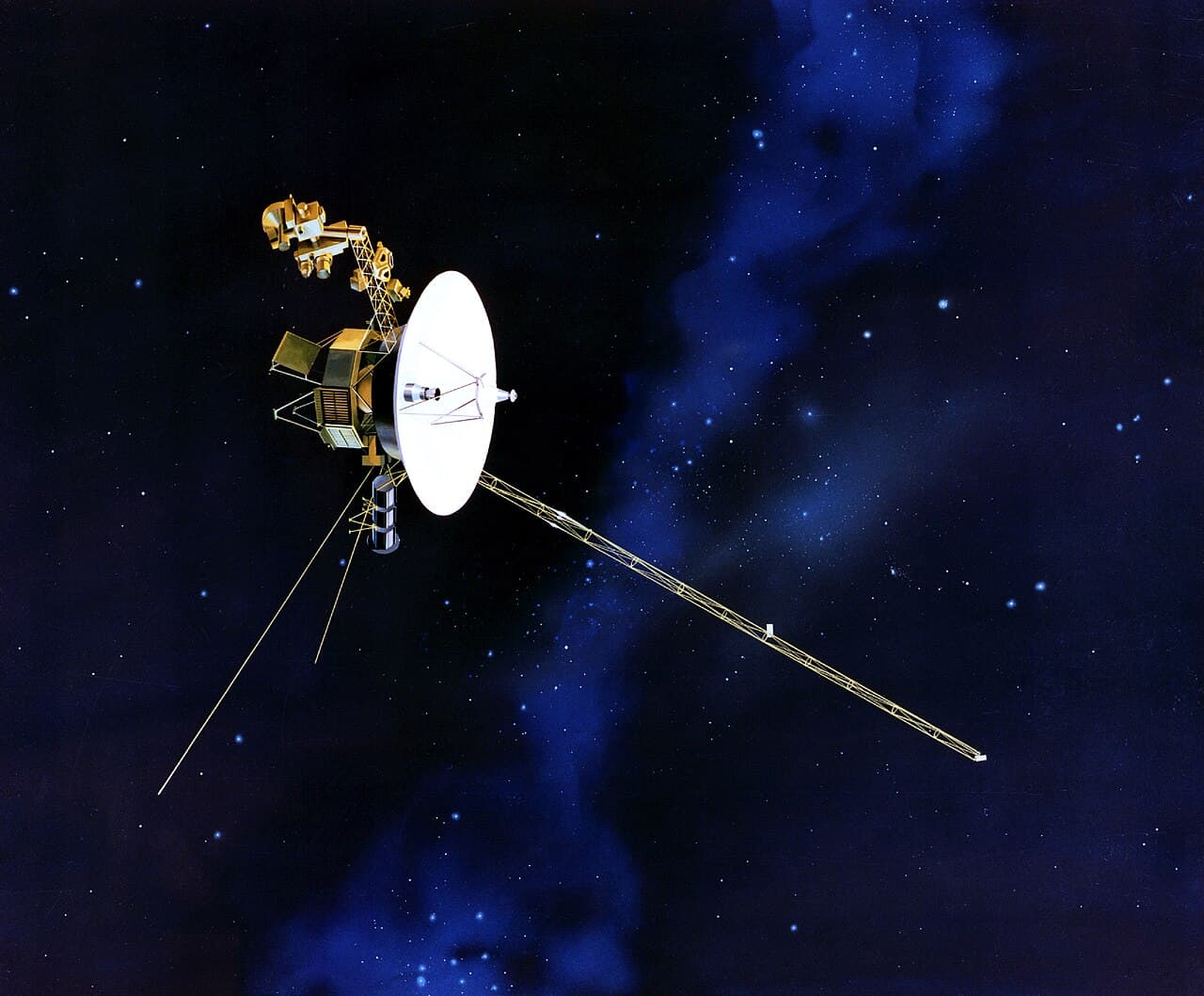 A Voyager spacecraft, identical in design to the two now in interstellar space. Each is 825 kilograms; the high-gain antenna dominates the structure.