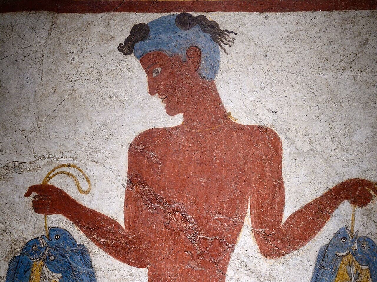 The Fisherman fresco from the West House. The aesthetic — naturalistic, observational, focused on everyday life — has almost no parallel in contemporaneous Egyptian or Mesopotamian wall painting.