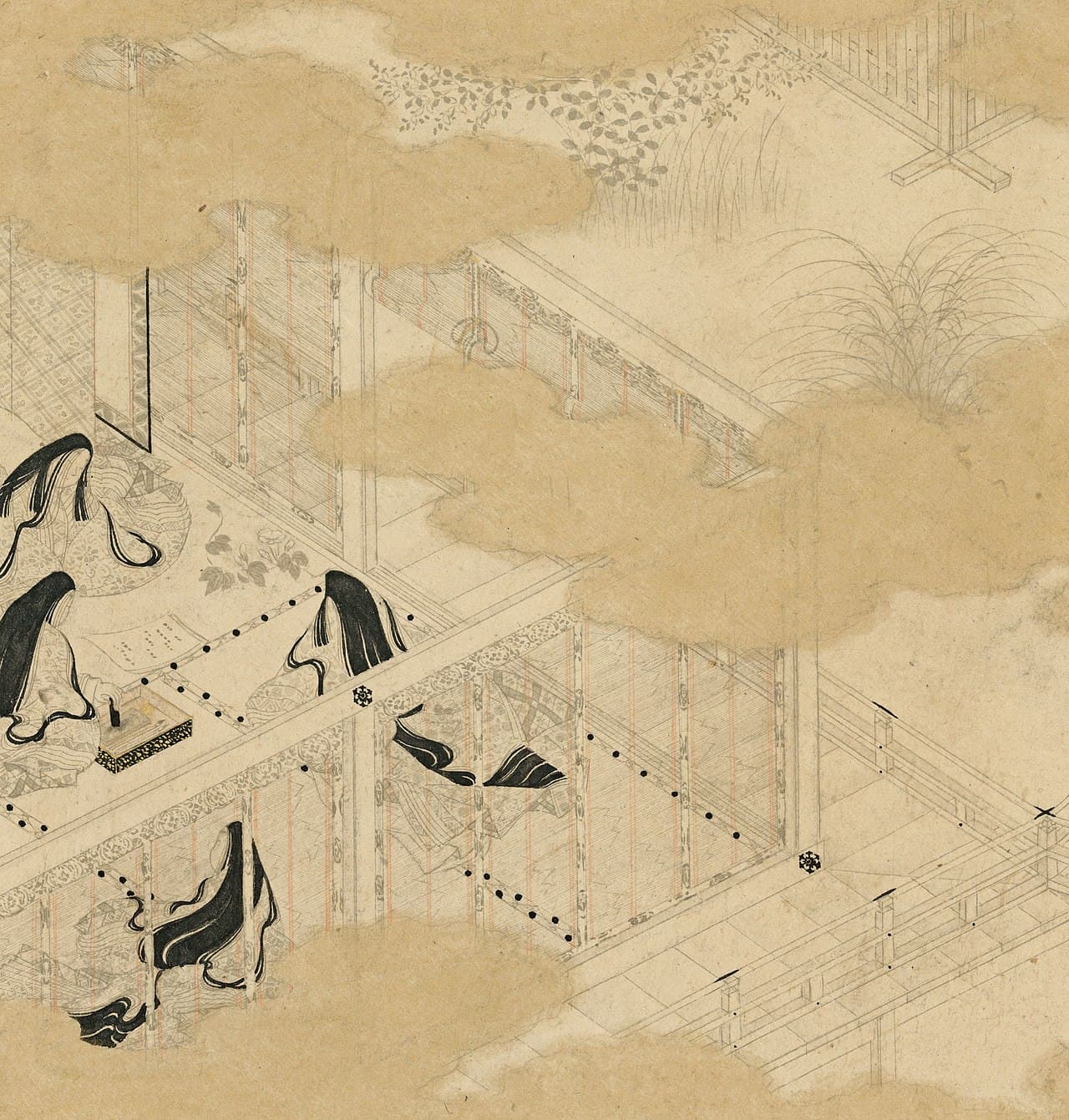 A Tosa-school album painting of a Genji scene, 17th century. Tosa and Kanō workshop Genji albums were produced continuously from the medieval period into the 19th century.