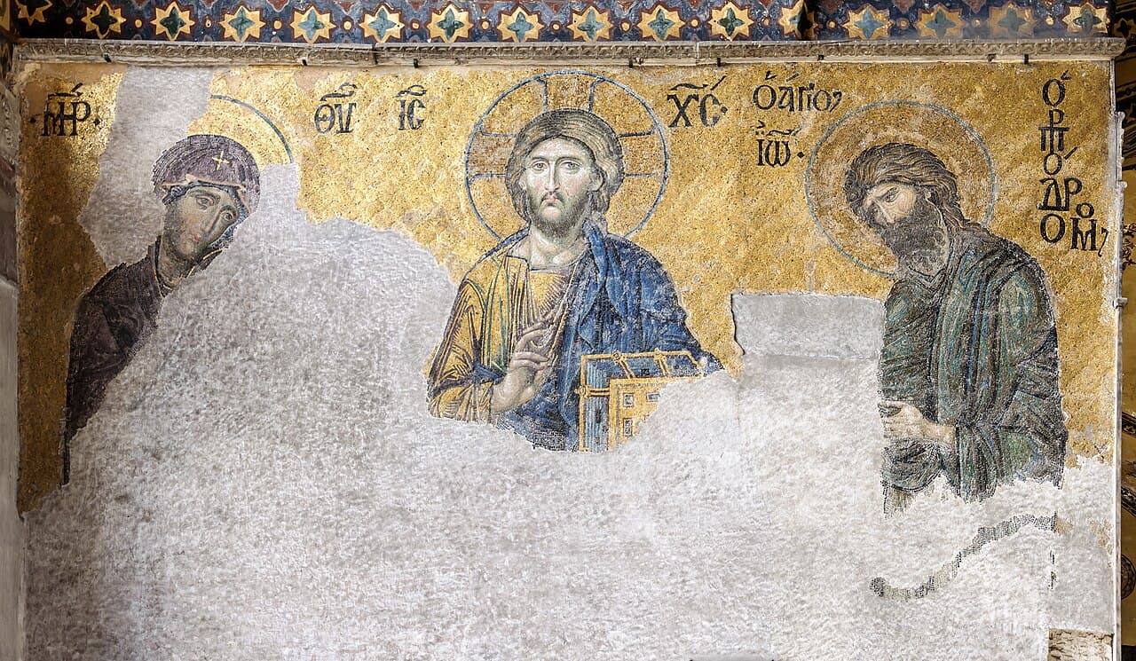 The Deësis mosaic in the south gallery, 13th century. The mosaics were plastered over after the 1453 conversion to a mosque and uncovered during the 1930s museum-era restoration.
