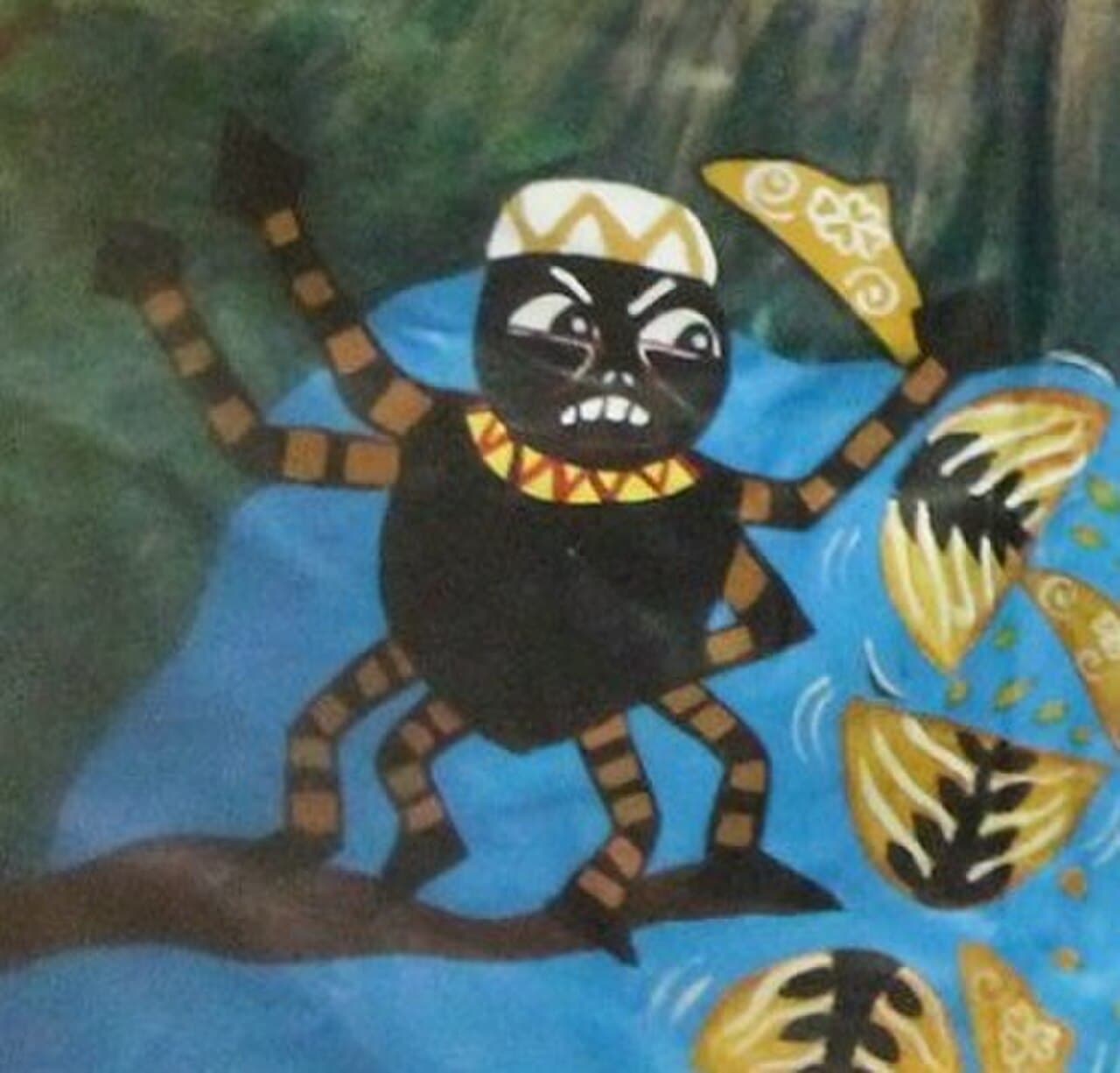 Anansi appears in Akan cloth, carving, and story — the trickster who became the storyteller.