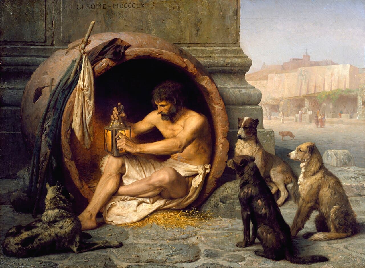 Jean-Léon Gérôme's 'Diogenes' (1860). The philosopher in his pithos, lamp burning at midday, surrounded by the dogs that gave the Cynic school its name.