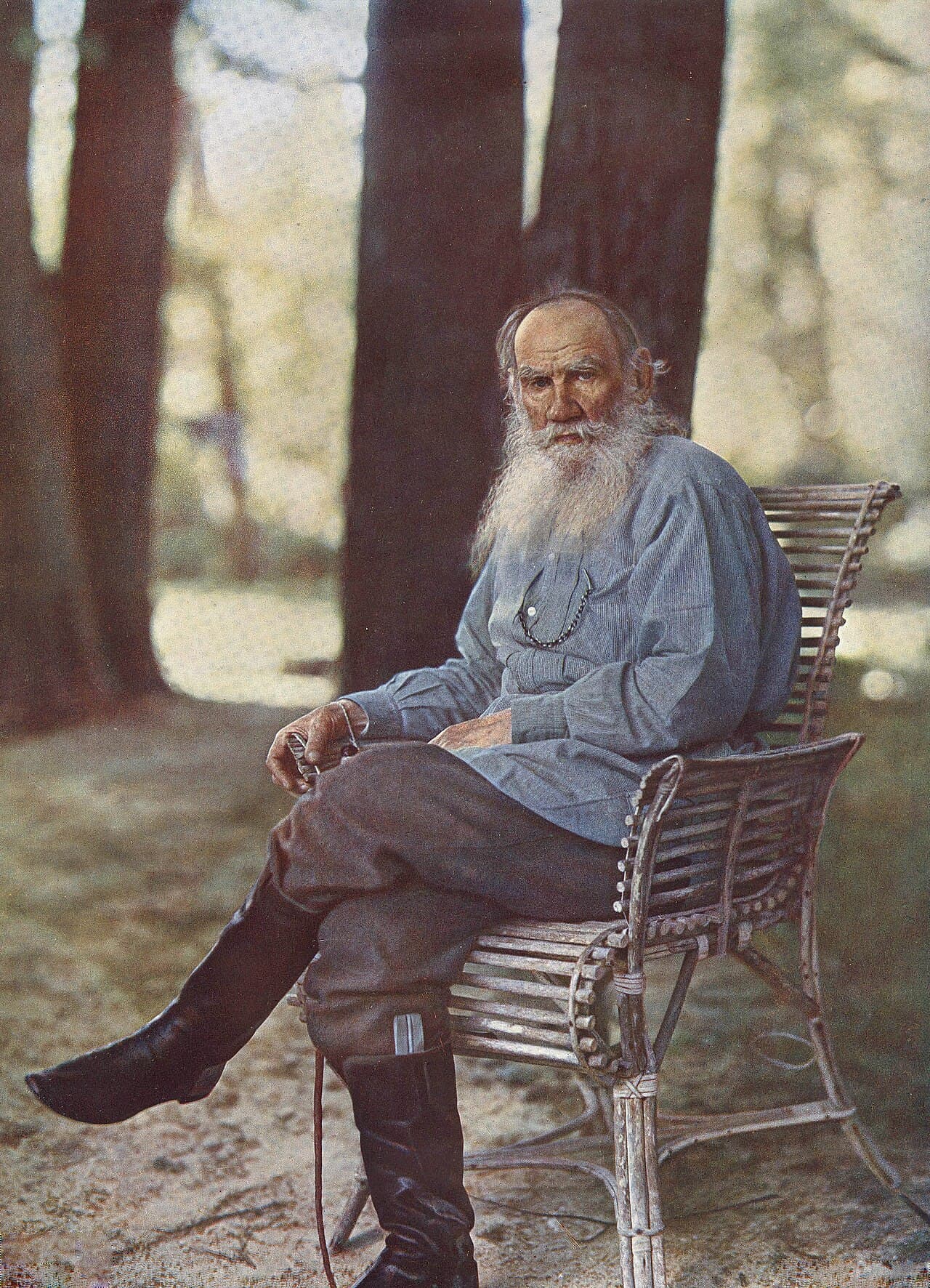 Leo Tolstoy at Yasnaya Polyana, 1908. The only known colour photograph of Tolstoy — taken in his last year of life.