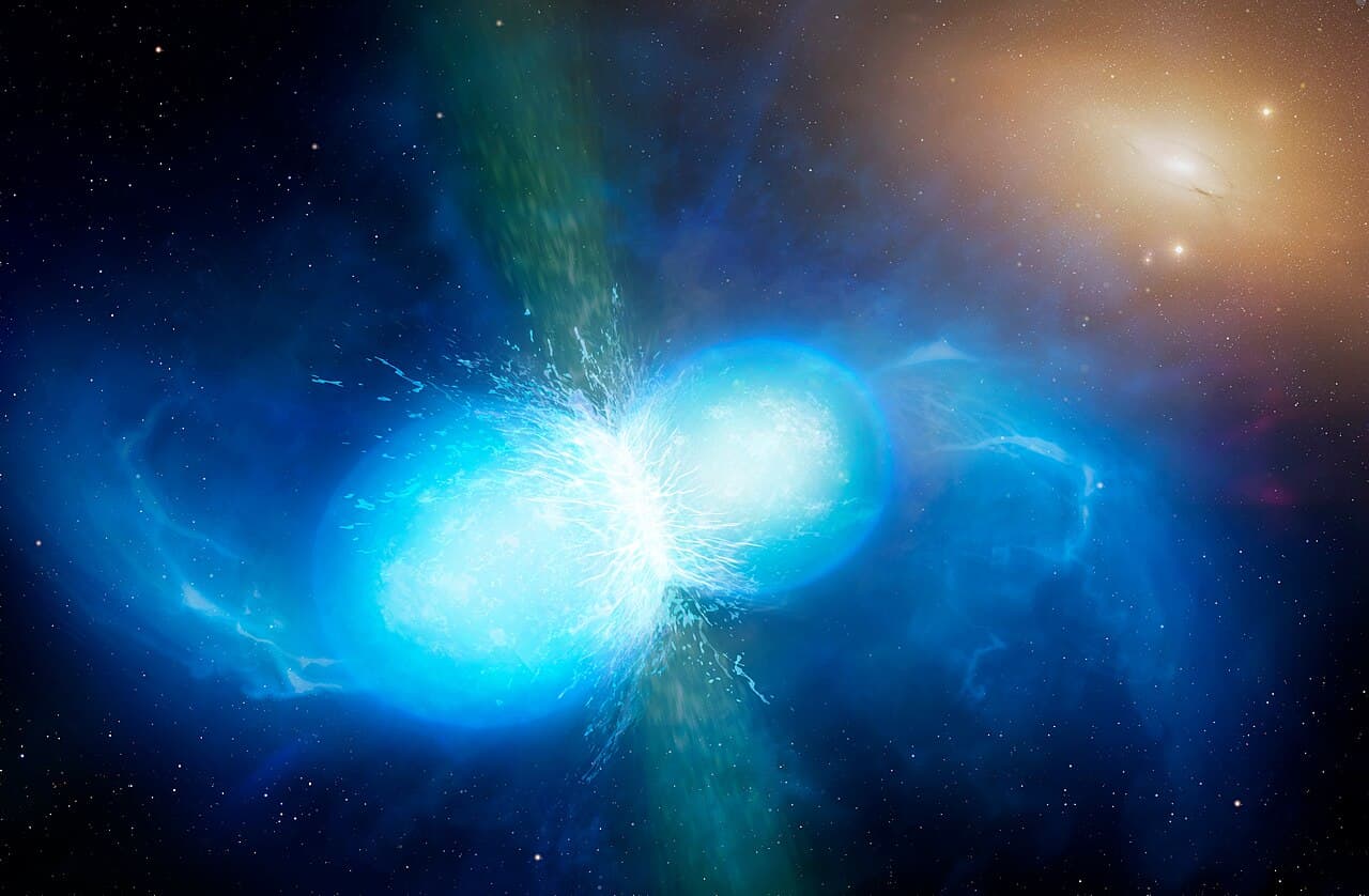 An artist's depiction of a neutron-star merger. The August 2017 event GW170817 confirmed that mergers like this produce gold, platinum, and the other r-process elements.