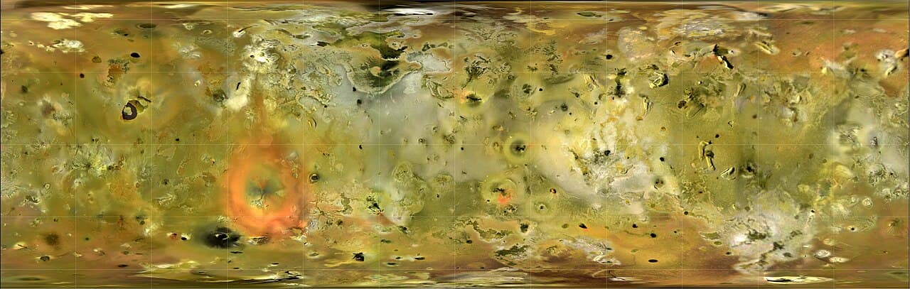 Loki Patera: a 200 km wide lava lake, the largest active volcanic feature in the solar system.